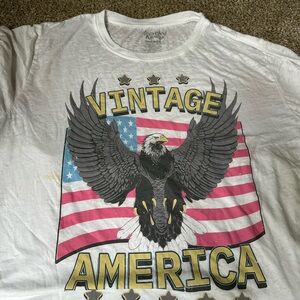 Karma White Graphic Tee with Black Eagle and Red/Blue Flag Print